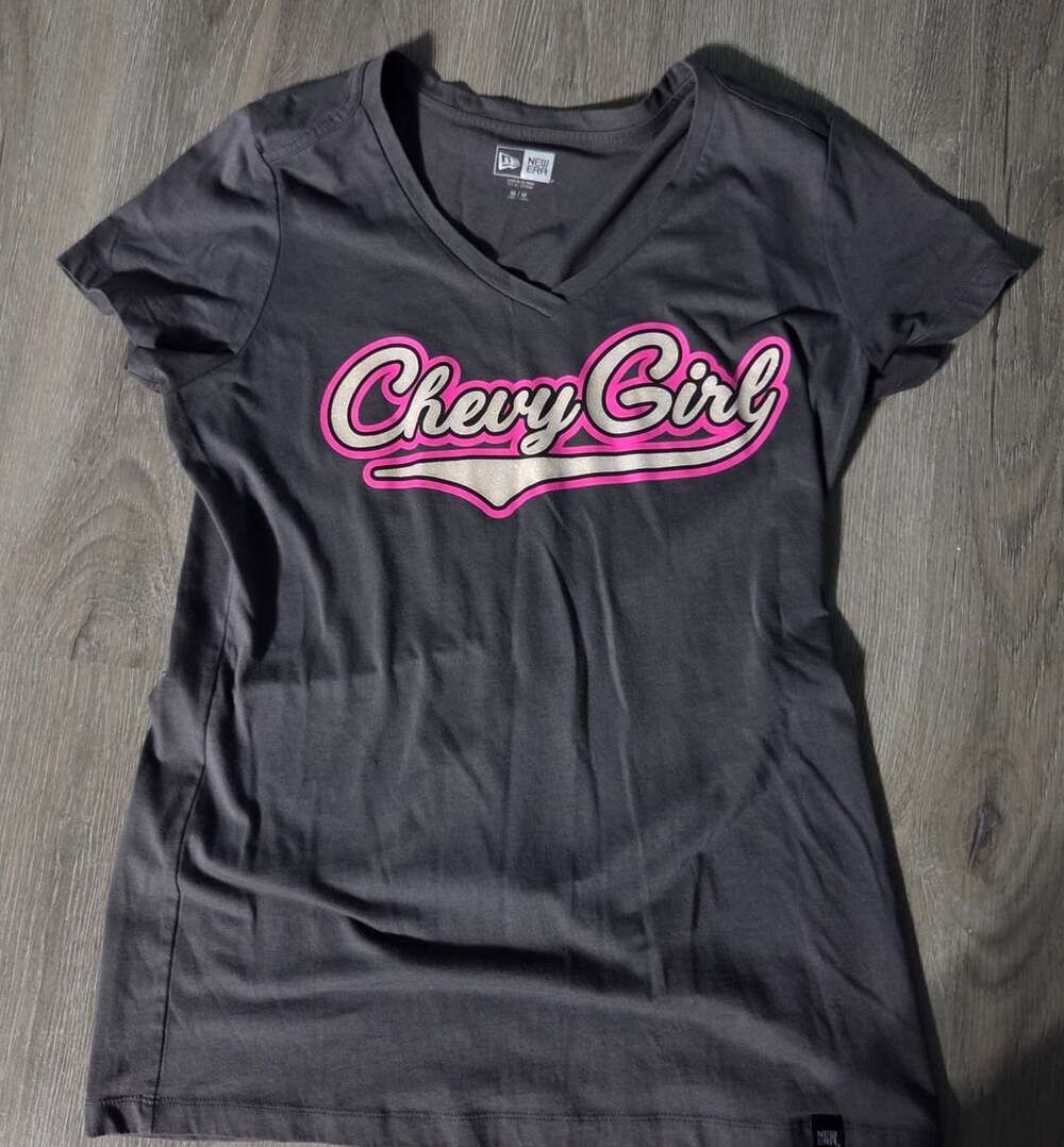 New Era Chevy Girl V-Neck T-Shirt Size M Gray Pink Glitter Graphic Tee